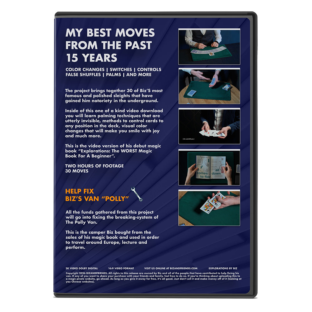 DVD cover with text and images of card tricks on a blue background